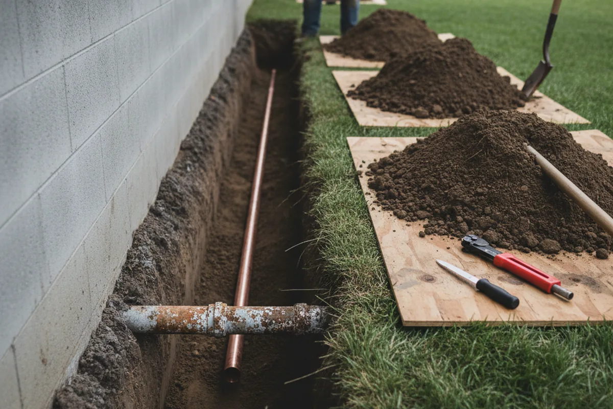Excavated water line trench during Water Heater Repair in Easton